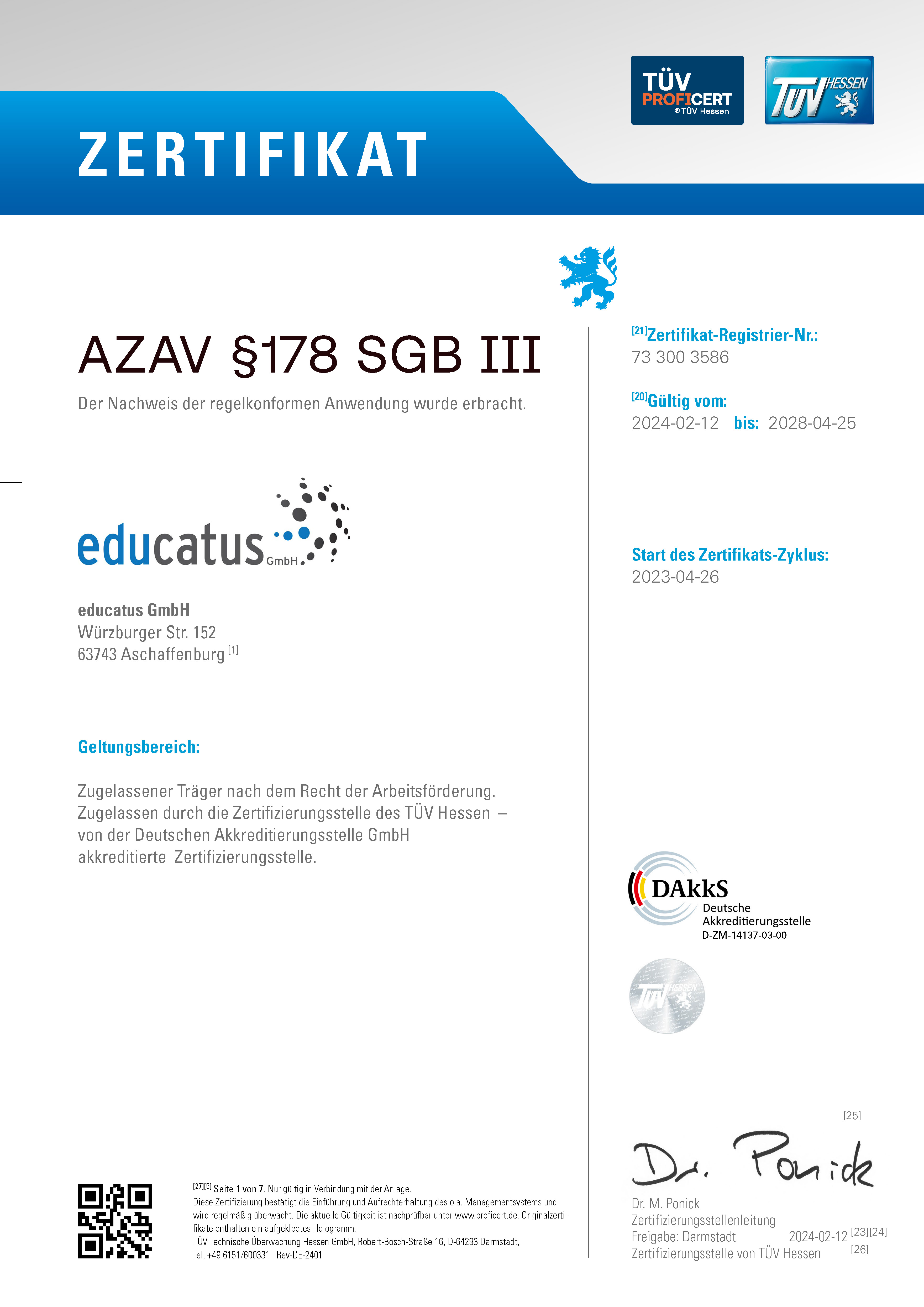 educatus GmbH - Zertifikat TÜV Trägerzulassung