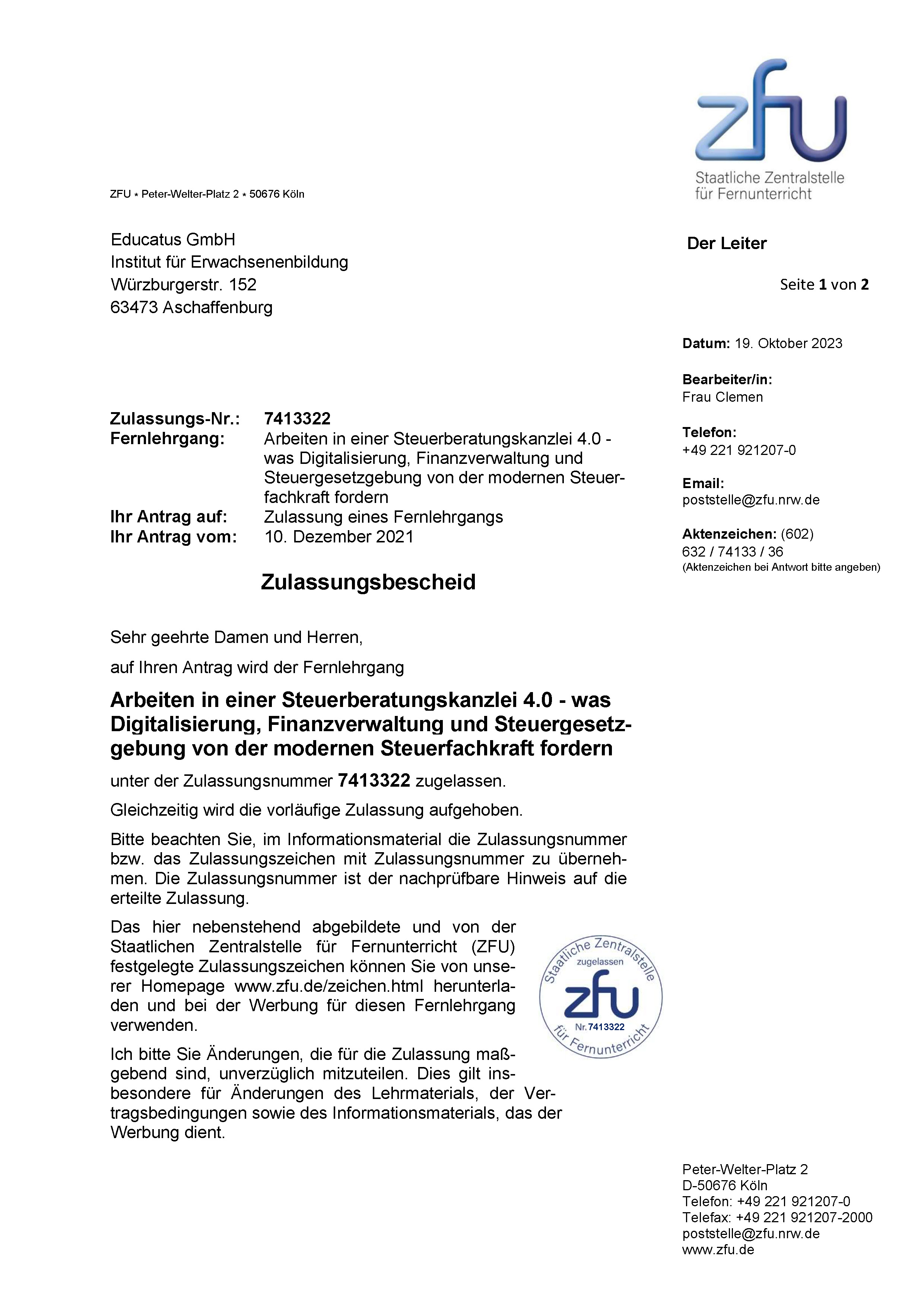 educatus GmbH - Zertifikat TÜV Trägerzulassung